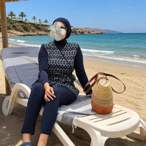 Burkini jacquard court bleu marine