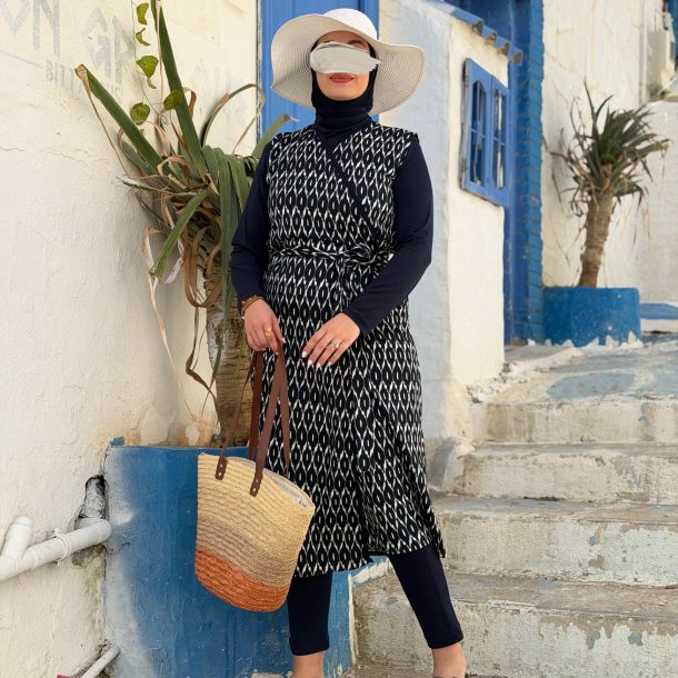 Burkini jacquard long bleu marine